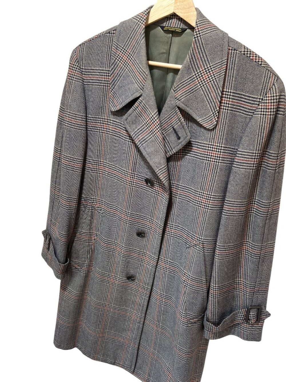 Vintage 1960s Glen Plaid Buckeye Clothes Overcoat With Button Front & Belted Cuf